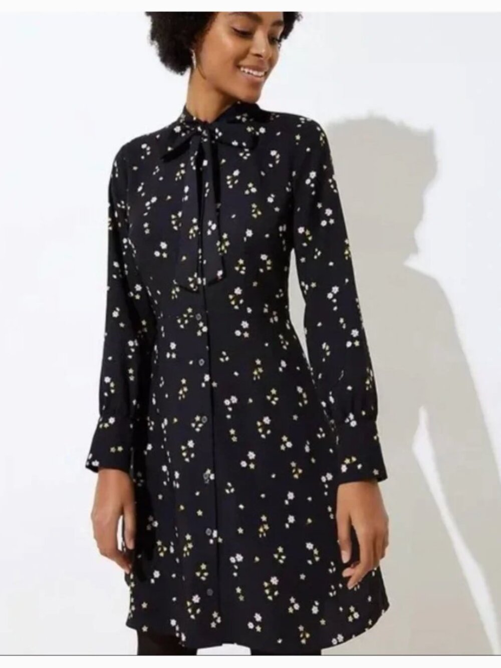 Loft Womens Midi Dress Black Tie Neck Button Front Pink Yellow Floral‎ Long Slv